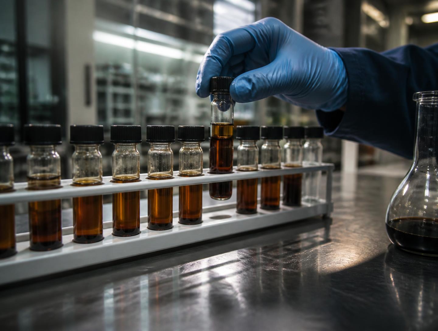 Crude oil samples under evaluation in a chemistry laboratory