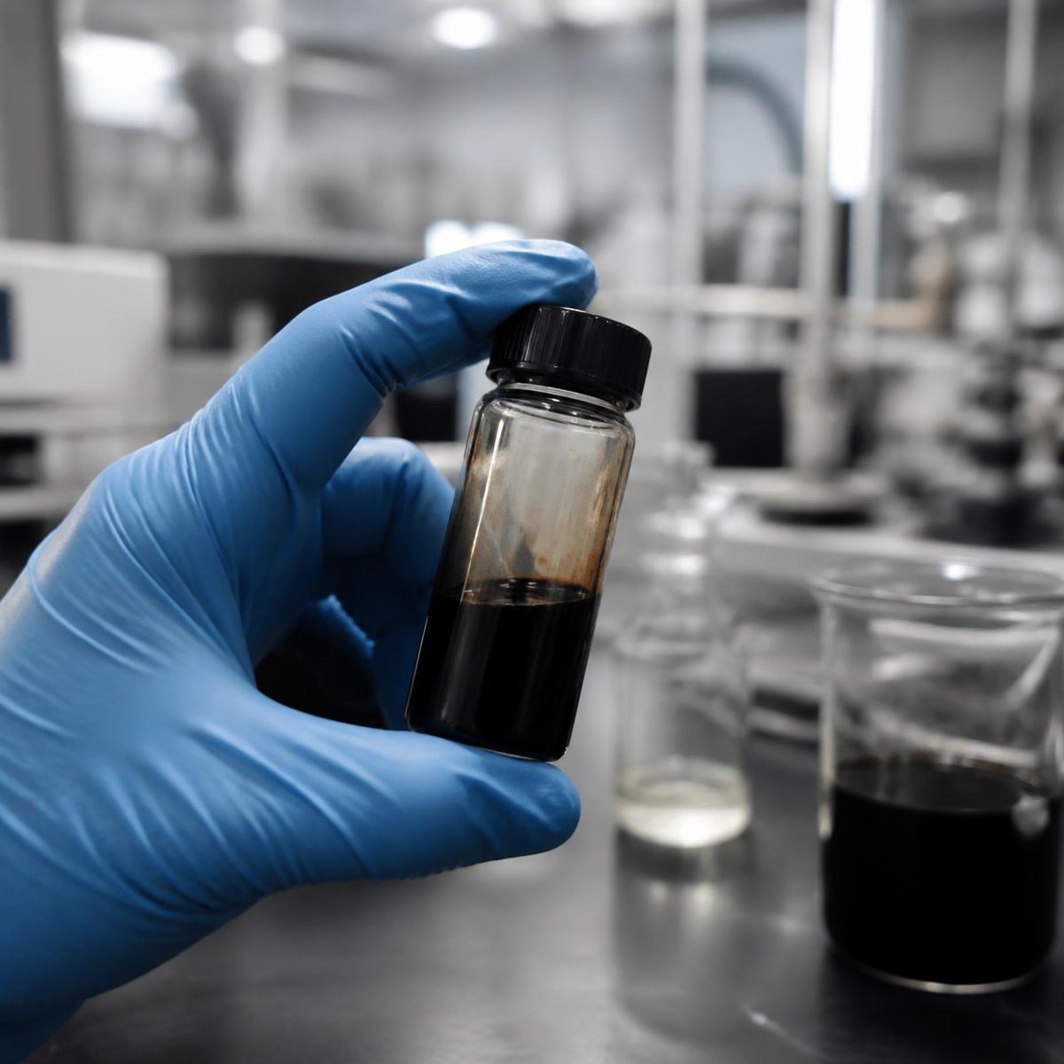 Crude oil sample vial handled in a laboratory